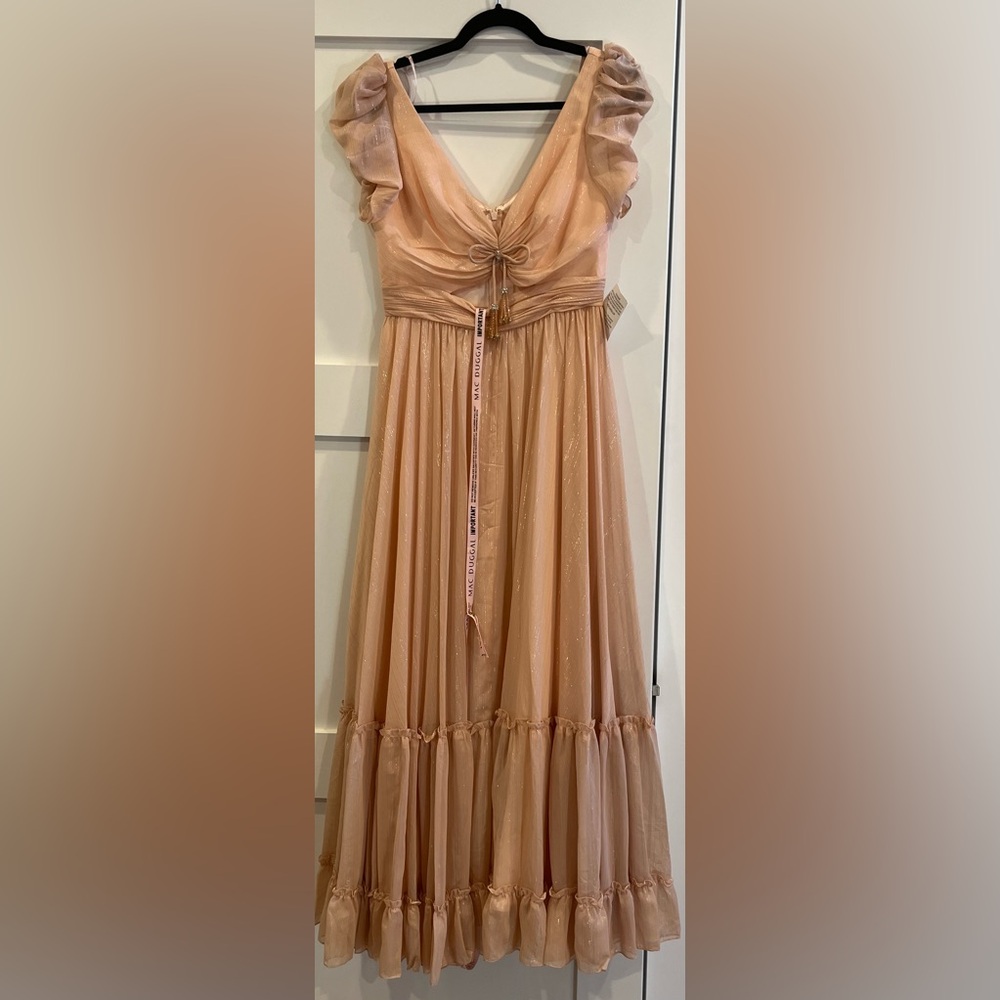 NWT MacDuggal Tea Length Tiered Pink Metallic Sparkle Puff Sleeve Dress - Sz 6